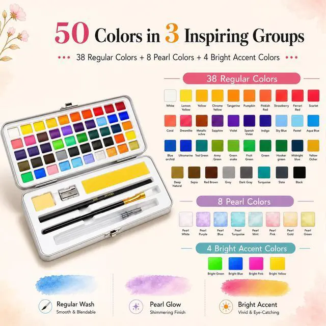 Alt view image 4 of 7 - 50 Colors Watercolor Paint Set with Watercolor Workbook for Adults