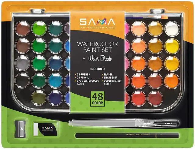 Main image of 48-color Watercolor Paint Set with Brushes, Refillable Brush, Watercolor Papers, Pencil & Removable Mixing Tray - Easy Blending & Washable