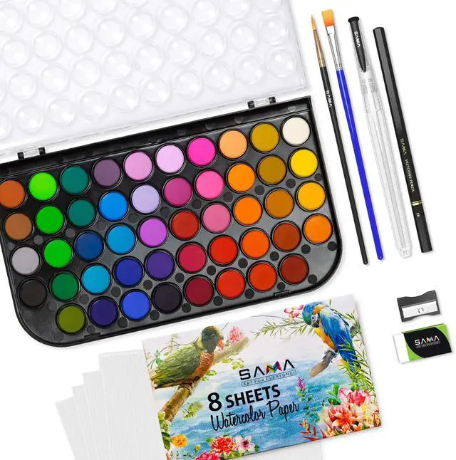 Alt view image 2 of 7 - 48-color Watercolor Paint Set with Brushes, Refillable Brush, Watercolor Papers, Pencil & Removable Mixing Tray - Easy Blending & Washable