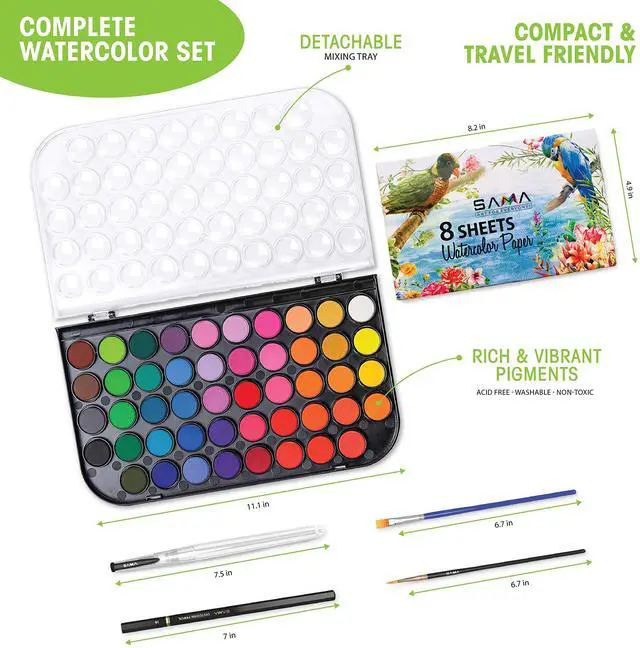 Alt view image 3 of 7 - 48-color Watercolor Paint Set with Brushes, Refillable Brush, Watercolor Papers, Pencil & Removable Mixing Tray - Easy Blending & Washable