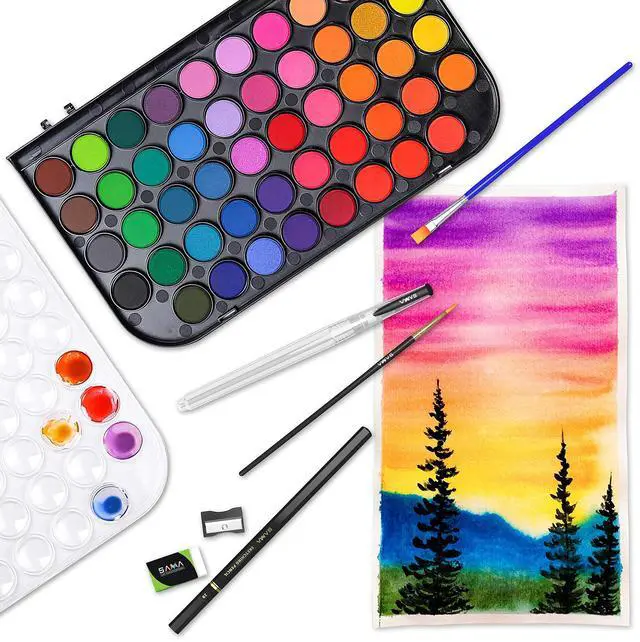 Alt view image 4 of 7 - 48-color Watercolor Paint Set with Brushes, Refillable Brush, Watercolor Papers, Pencil & Removable Mixing Tray - Easy Blending & Washable