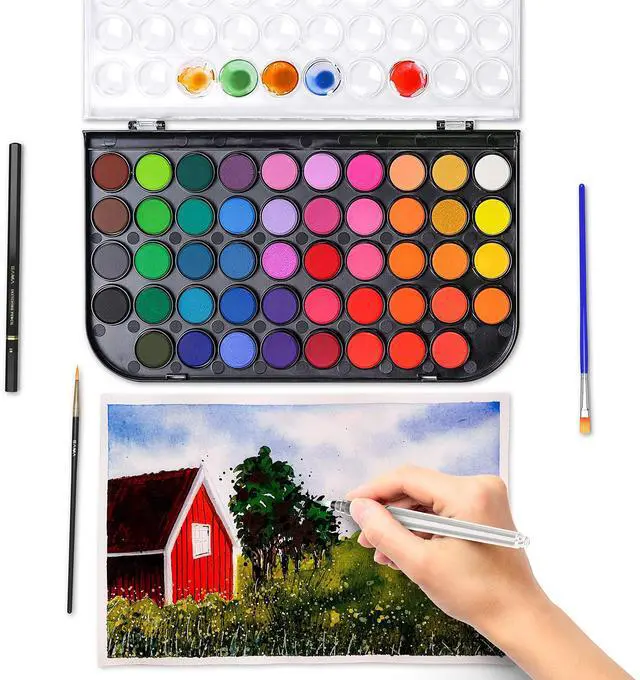 Alt view image 5 of 7 - 48-color Watercolor Paint Set with Brushes, Refillable Brush, Watercolor Papers, Pencil & Removable Mixing Tray - Easy Blending & Washable
