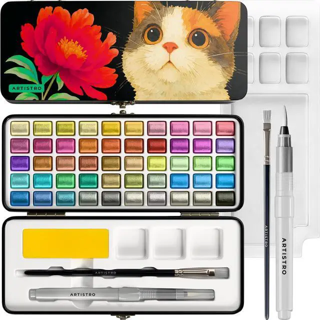 Main image of 50 Metallic Colors Watercolor Paint Set - Portable Paint Set with Palette and Brush Pens - Travel Water Color Kit for Adults, Professionals, Kids - Art and Painting Supplies - Christmas Gift
