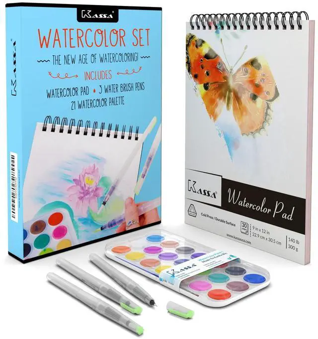 Main image of Watercolor Painting, Drawing & Art Supplies Set | Includes 21 Watercolor Palette, 30 Sheets & 3 Water Brush Pens in Assorted Sizes | Ideal for Home, School Art Projects & Bedroom Decoration