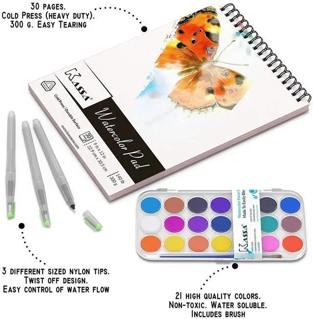 Alt view image 3 of 7 - Watercolor Painting, Drawing & Art Supplies Set | Includes 21 Watercolor Palette, 30 Sheets & 3 Water Brush Pens in Assorted Sizes | Ideal for Home, School Art Projects & Bedroom Decoration