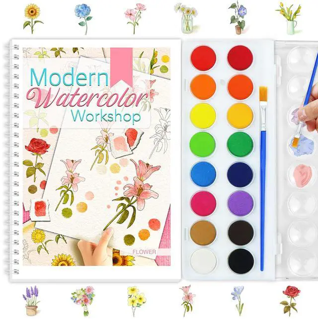 Main image of Beginners Watercolor Workbook for Adults, Step-by-Step Coloring Book Set