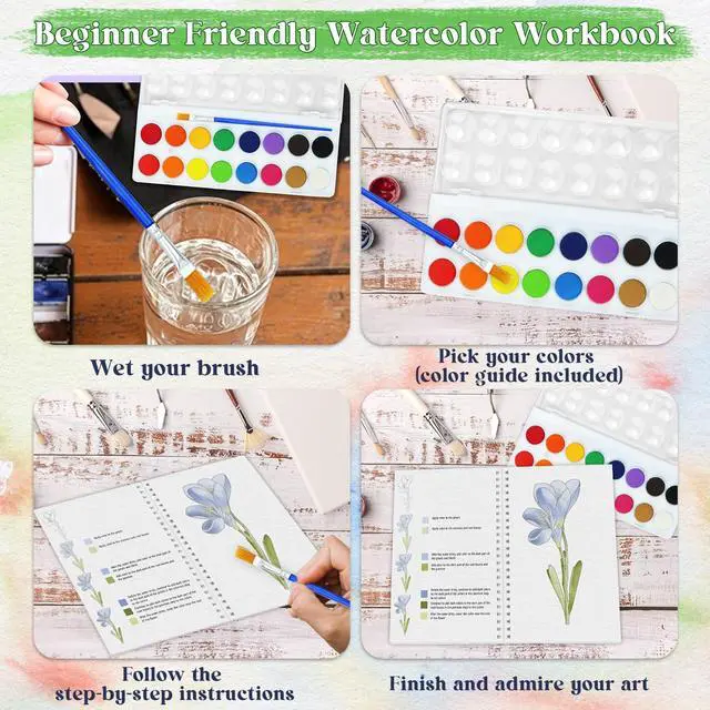 Alt view image 2 of 7 - Beginners Watercolor Workbook for Adults, Step-by-Step Coloring Book Set