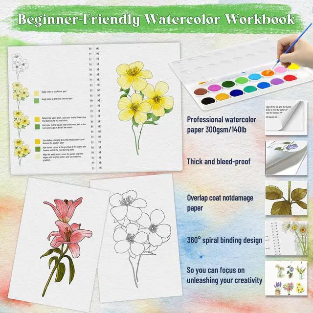 Alt view image 3 of 7 - Beginners Watercolor Workbook for Adults, Step-by-Step Coloring Book Set