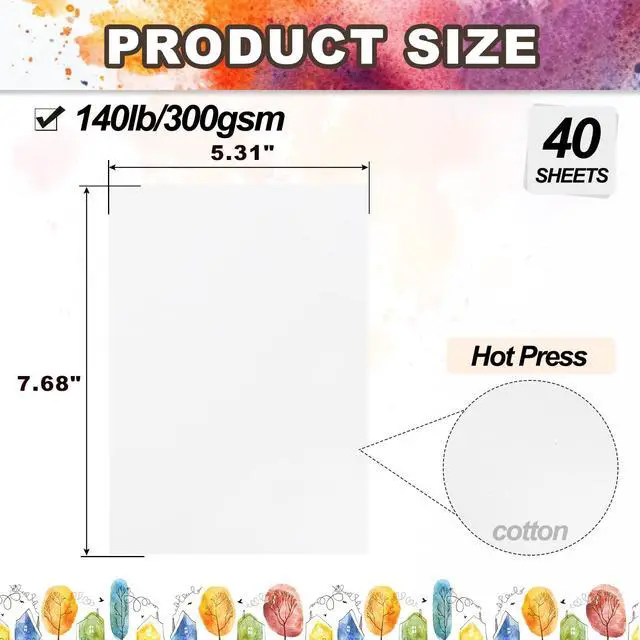 Alt view image 2 of 7 - 40 Sheets Cotton Watercolor Paper 140lb/300 GSM Hot Press Water Coloring Paint Paper for Art Painting Watercolor Drawing Artist, 7.68x5.31 Inch