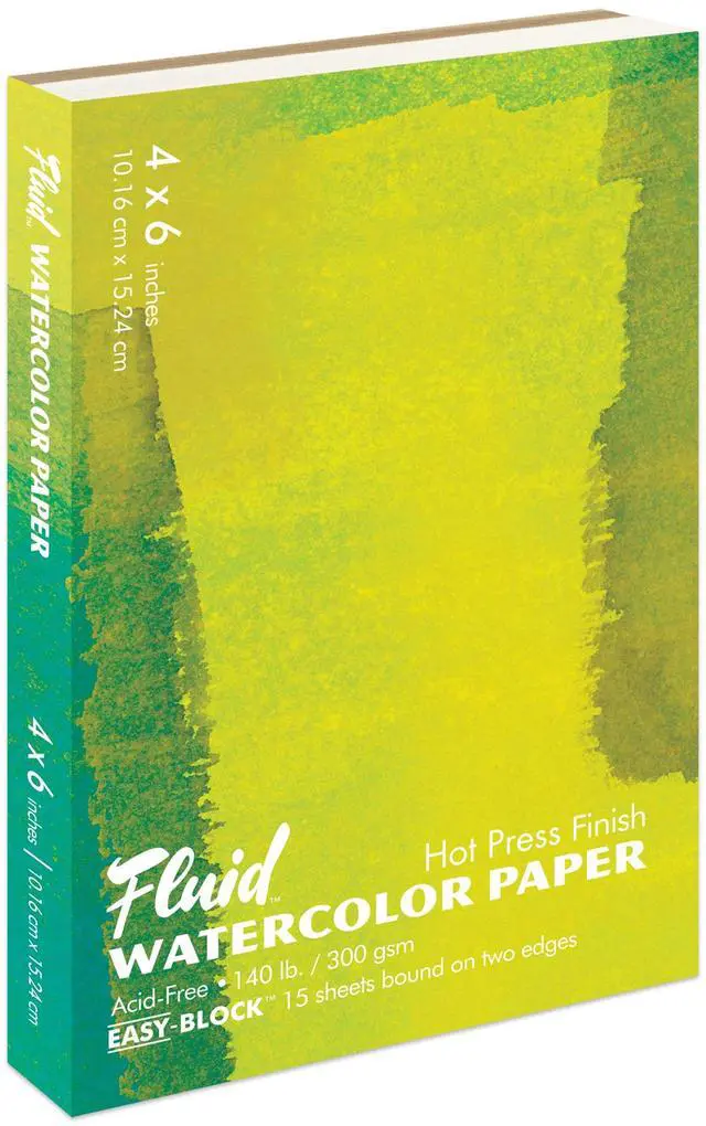 Main image of Fluid Artist Watercolor Block, 140 lb (300 GSM) Hot Press Paper Pad for Watercolor Painting and Wet Media with Easy Block Binding, 4 x 6 inches, 15 White Sheets