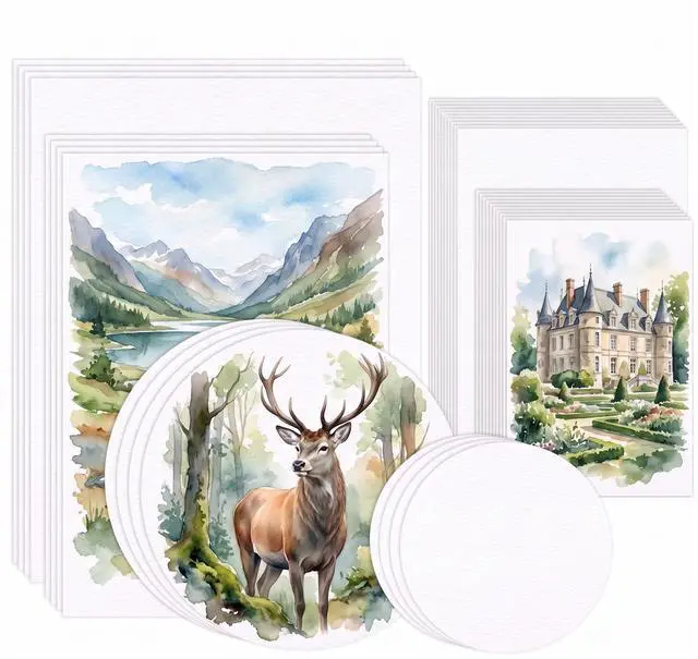 Main image of Watercolor Paper Bulk, 60 Sheets 140 lb/300 GSM Cold Press Watercolor Paper, 6 Sizes White Paint Paper Including 8.5 x 11, 7 x 10, 5 x 7, 4 x 6, 6" Round & 4" Round, for Painting, Cards, Art Crafts