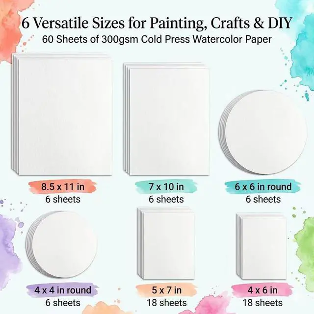 Alt view image 2 of 7 - Watercolor Paper Bulk, 60 Sheets 140 lb/300 GSM Cold Press Watercolor Paper, 6 Sizes White Paint Paper Including 8.5 x 11, 7 x 10, 5 x 7, 4 x 6, 6" Round & 4" Round, for Painting, Cards, Art Crafts