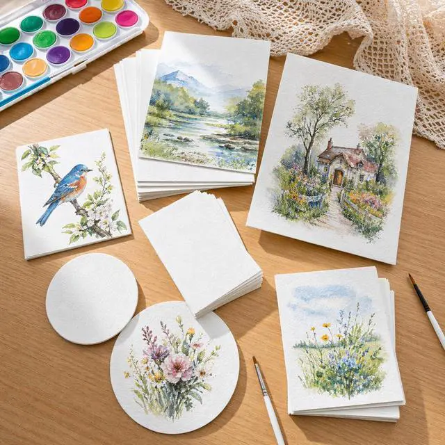 Alt view image 6 of 7 - Watercolor Paper Bulk, 60 Sheets 140 lb/300 GSM Cold Press Watercolor Paper, 6 Sizes White Paint Paper Including 8.5 x 11, 7 x 10, 5 x 7, 4 x 6, 6" Round & 4" Round, for Painting, Cards, Art Crafts