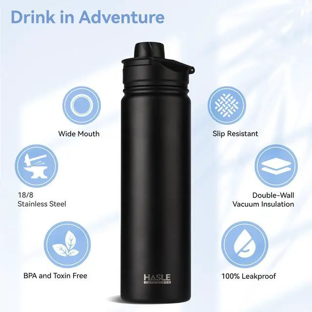 Alt view image 2 of 7 - Insulated Water Bottle 22 oz Double Wall Stainless Steel Water Bottle Wide Mouth with Straw Lid & Spout Lid Keeps Cold or Hot(Black,1)