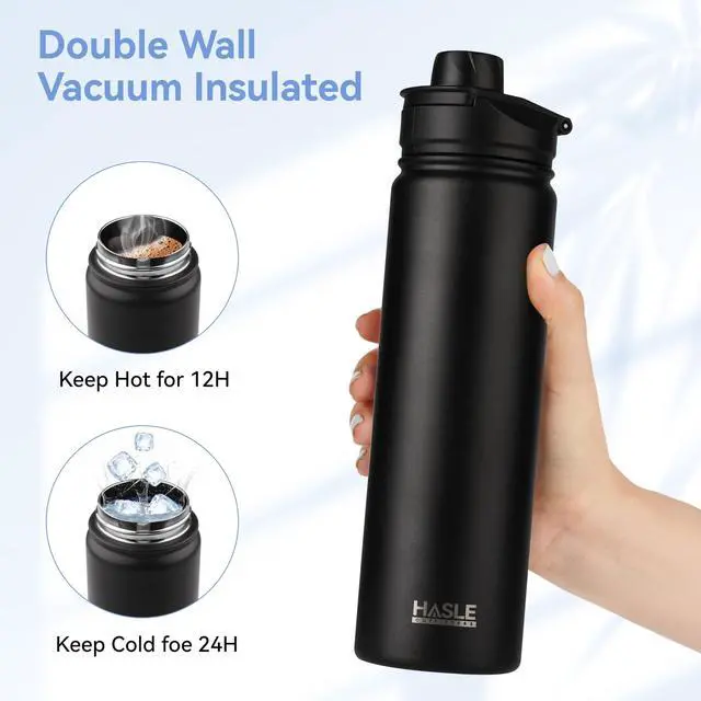 Alt view image 4 of 7 - Insulated Water Bottle 22 oz Double Wall Stainless Steel Water Bottle Wide Mouth with Straw Lid & Spout Lid Keeps Cold or Hot(Black,1)