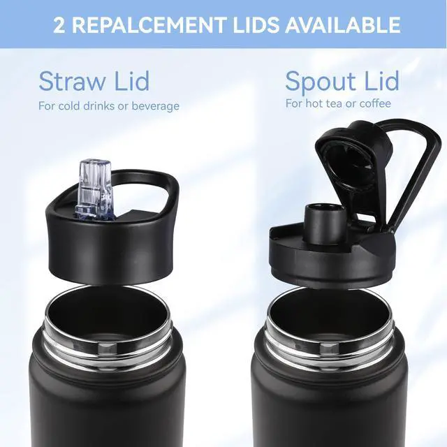 Alt view image 5 of 7 - Insulated Water Bottle 22 oz Double Wall Stainless Steel Water Bottle Wide Mouth with Straw Lid & Spout Lid Keeps Cold or Hot(Black,1)