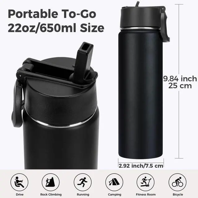 Alt view image 2 of 7 - 22 oz Insulated Water Bottle with Straw Lid, Double Walled Vacuum Stainless Steel Water Bottles Leak Proof, Wide Mouth (Black,1 Pack)