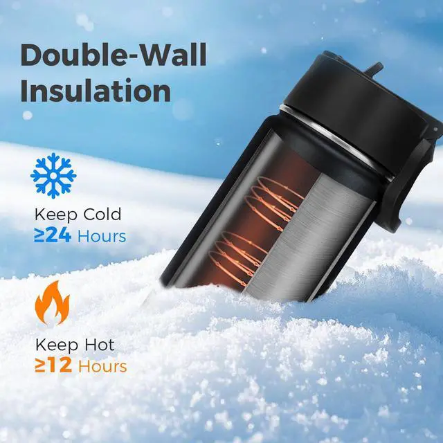 Alt view image 3 of 7 - 22 oz Insulated Water Bottle with Straw Lid, Double Walled Vacuum Stainless Steel Water Bottles Leak Proof, Wide Mouth (Black,1 Pack)