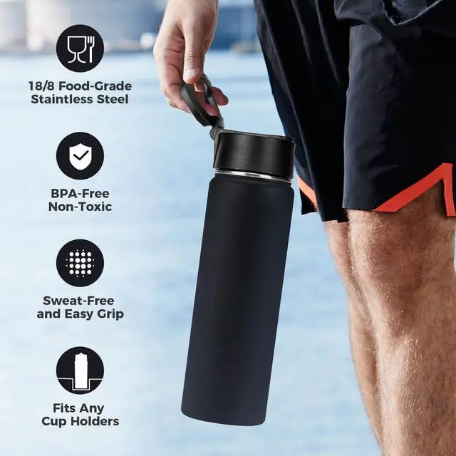 Alt view image 4 of 7 - 22 oz Insulated Water Bottle with Straw Lid, Double Walled Vacuum Stainless Steel Water Bottles Leak Proof, Wide Mouth (Black,1 Pack)