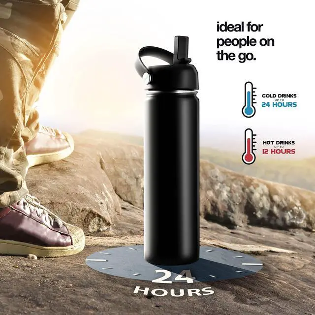 Alt view image 4 of 7 - Stainless Steel Insulated Water Bottle and Travel Mug for Hot and Cold Beverages, Wide Mouth, Double Wall Insulated Hydration Sports Water Bottle for Hiking, Biking, Outdoor, 22 OZ BPA Free