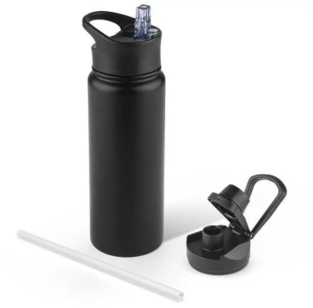 Main image of 24 oz Insulated Water Bottle with Straw Lid & Wide Mouth Lids, Stainless Steel Sports Water Bottles, Double Walled Vacuum, Leak Proof,Black