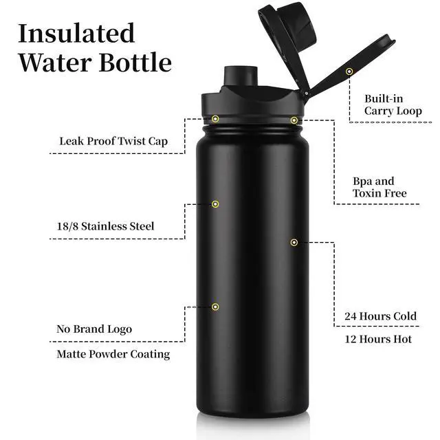 Alt view image 2 of 6 - 24 oz Insulated Water Bottle with Straw Lid & Wide Mouth Lids, Stainless Steel Sports Water Bottles, Double Walled Vacuum, Leak Proof,Black