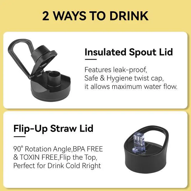 Alt view image 3 of 6 - 24 oz Insulated Water Bottle with Straw Lid & Wide Mouth Lids, Stainless Steel Sports Water Bottles, Double Walled Vacuum, Leak Proof,Black