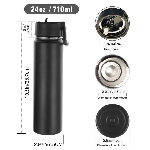 Alt view image 2 of 7 - 24 Ounce Insulated Water Bottle With Straw Lid,Stainless Steel Wide Mouth Sport Bottles With Handle,Double Wall Vacuum Cups Keep Cold,Reusable Travel Thermal Cups For Holder,Gym(Black,1)