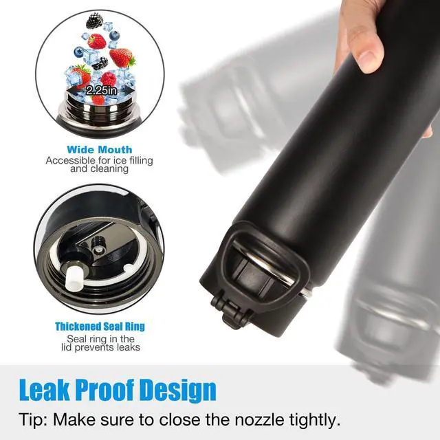 Alt view image 4 of 7 - 24 Ounce Insulated Water Bottle With Straw Lid,Stainless Steel Wide Mouth Sport Bottles With Handle,Double Wall Vacuum Cups Keep Cold,Reusable Travel Thermal Cups For Holder,Gym(Black,1)