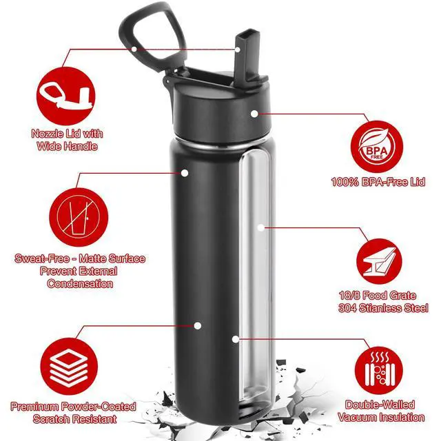 Alt view image 5 of 7 - 24 Ounce Insulated Water Bottle With Straw Lid,Stainless Steel Wide Mouth Sport Bottles With Handle,Double Wall Vacuum Cups Keep Cold,Reusable Travel Thermal Cups For Holder,Gym(Black,1)