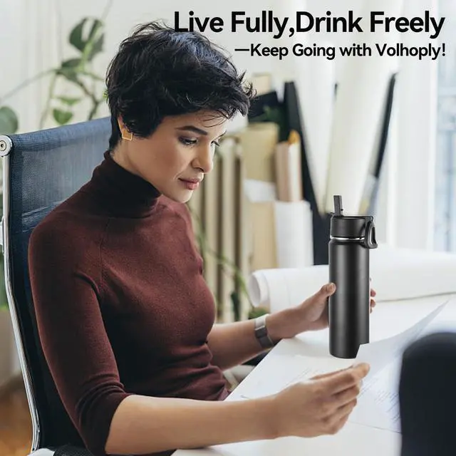 Alt view image 7 of 7 - 24 Ounce Insulated Water Bottle With Straw Lid,Stainless Steel Wide Mouth Sport Bottles With Handle,Double Wall Vacuum Cups Keep Cold,Reusable Travel Thermal Cups For Holder,Gym(Black,1)