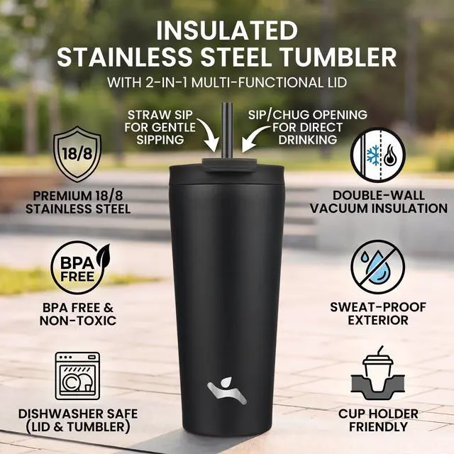 Alt view image 2 of 7 - 22 oz Insulated Tumbler Water Bottle with Straw Lid, Black