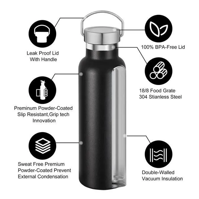 Alt view image 3 of 6 - Black Stainless Steel Water Bottles,20 Ounce Vacuum Insulated Double Wall Travel Bottle with Leak Proof Lid of Handle,Metal Reusable Standard Mouth Flask Thermoses for School,Hikers,Gift