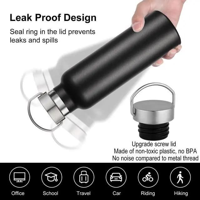 Alt view image 4 of 6 - Black Stainless Steel Water Bottles,20 Ounce Vacuum Insulated Double Wall Travel Bottle with Leak Proof Lid of Handle,Metal Reusable Standard Mouth Flask Thermoses for School,Hikers,Gift