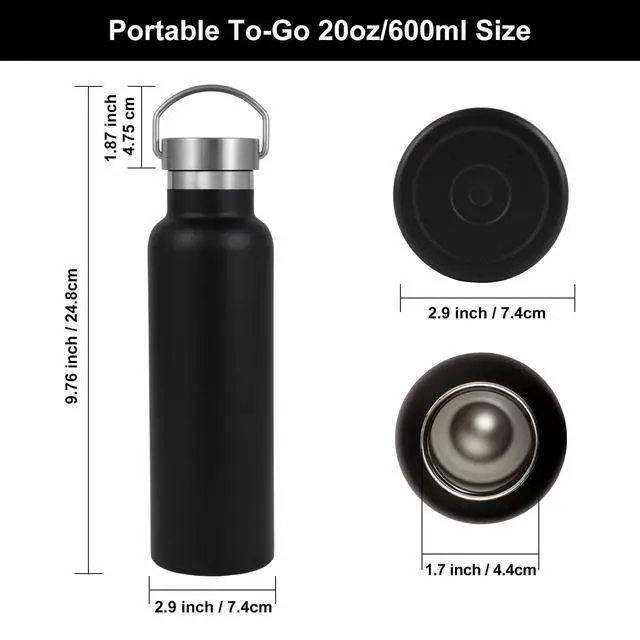Alt view image 5 of 6 - Black Stainless Steel Water Bottles,20 Ounce Vacuum Insulated Double Wall Travel Bottle with Leak Proof Lid of Handle,Metal Reusable Standard Mouth Flask Thermoses for School,Hikers,Gift