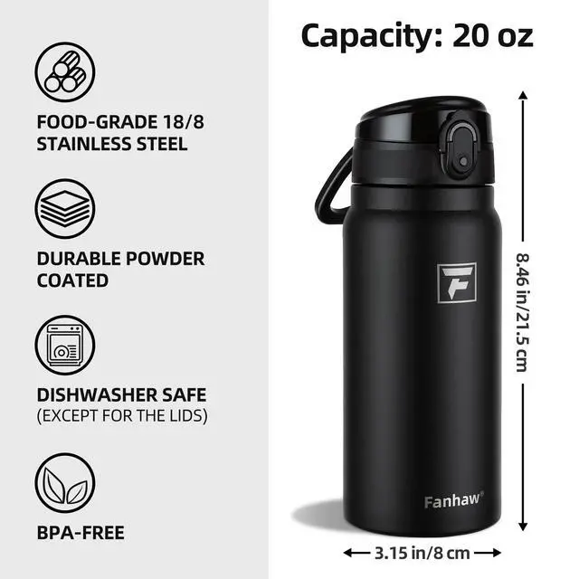 Alt view image 2 of 7 - 20 Oz Insulated Stainless Steel Water Bottle with Chug Lid Wide Mouth, Leak-Proof, BPA-Free Ideal for Kids, Adults, Sports, Gym, and Outdoor Use (Black)