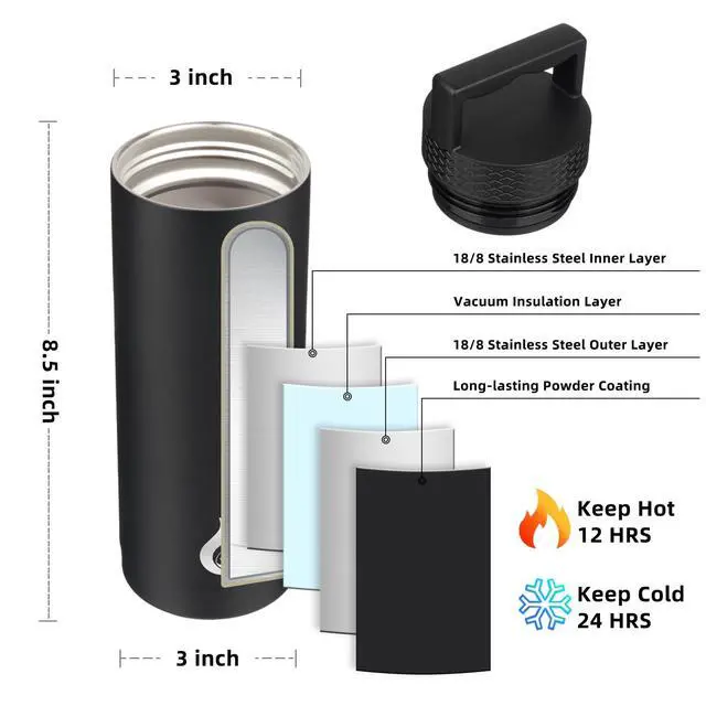 Alt view image 3 of 6 - 18oz Insulated Water Bottle Stainless Steel Water Bottle with Handle