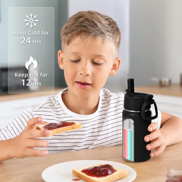 Alt view image 6 of 7 - 14oz KIds Insulated Stainless Stee Water Bottle with Straw Lid and Silicone Boot,BPA-Free Easy Use for Boys&Girls,Double Wall VacuumLeakproof Bottles(Black,1)