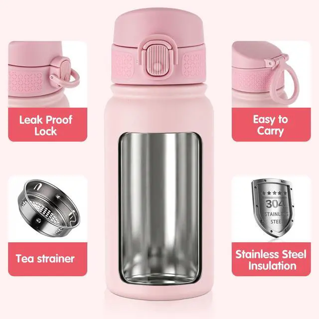 Alt view image 7 of 7 - Kids 12oz Insulated Stainless Steel Water Bottle, Leakproof Vacuum Tumbler with Carry Handle, Fits Cup Holders, Reusable Water Bottle for School Outdoor, Boys & GirlsPink