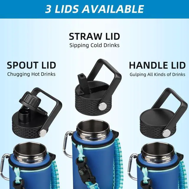 Alt view image 3 of 5 - 22oz Insulated Water Bottle with 3 Lids, Straw Lid & Handle