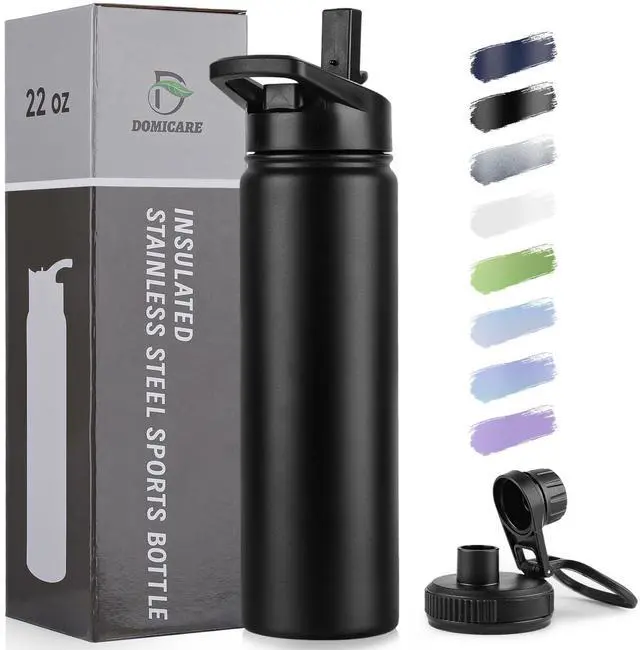 Main image of Insulated Water Bottle, 22 oz Vacuum Insulated Stainless Steel Reusable Sports Bottle with Straw Lid & Spout Lid for Travel, Camping, Bike, Leakproof, Black, 1 Pack