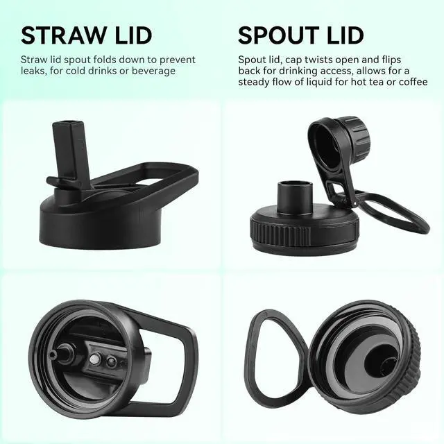 Alt view image 3 of 7 - Insulated Water Bottle, 22 oz Vacuum Insulated Stainless Steel Reusable Sports Bottle with Straw Lid & Spout Lid for Travel, Camping, Bike, Leakproof, Black, 1 Pack