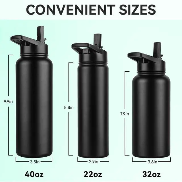 Alt view image 4 of 7 - Insulated Water Bottle, 22 oz Vacuum Insulated Stainless Steel Reusable Sports Bottle with Straw Lid & Spout Lid for Travel, Camping, Bike, Leakproof, Black, 1 Pack