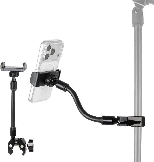 Main image of Mic Stand Phone Holder - Aluminum Alloy Clamp, Adjustable Flexible Phone Holder for Microphone Stand, Compatible with Samsung Galaxy iPhone 4.7-7" Smartphones