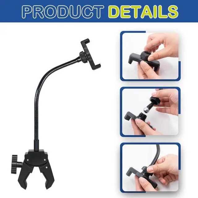 Alt view image 3 of 6 - Mic Stand Phone Holder, 15.7 Inch Long Flexible Gooseneck Mount Clamp for Microphone Music Stand Tripod Fill Light Pole, Cell Phone Clip for iPhone, Galaxy, All Smartphones