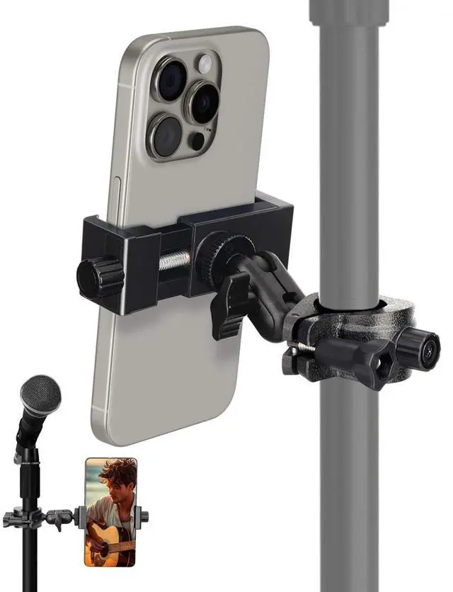 Main image of Mic Stand Phone Holder, Phone Holder Mount for Microphone Stand, Music Stand, Guitar Drums, Phone Clamp for iPhone 15 14 13 12 11 Plus Pro Max Mini Samsung Galaxy S24 S23 Ultra Google Pixel 8 7