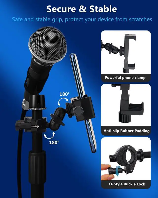 Alt view image 4 of 6 - Mic Stand Phone Holder, Phone Holder Mount for Microphone Stand, Music Stand, Guitar Drums, Phone Clamp for iPhone 15 14 13 12 11 Plus Pro Max Mini Samsung Galaxy S24 S23 Ultra Google Pixel 8 7