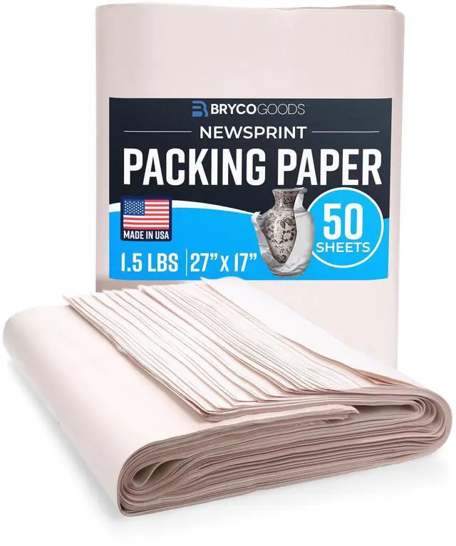 Main image of Newsprint Packing Paper Sheets for Moving - 1.5lb - 50 Sheets of Newspaper Paper - Wrapping and Protecting Fragile Items, Box Filler, Shipping Supplies - 27" x 17" - Made in the USA