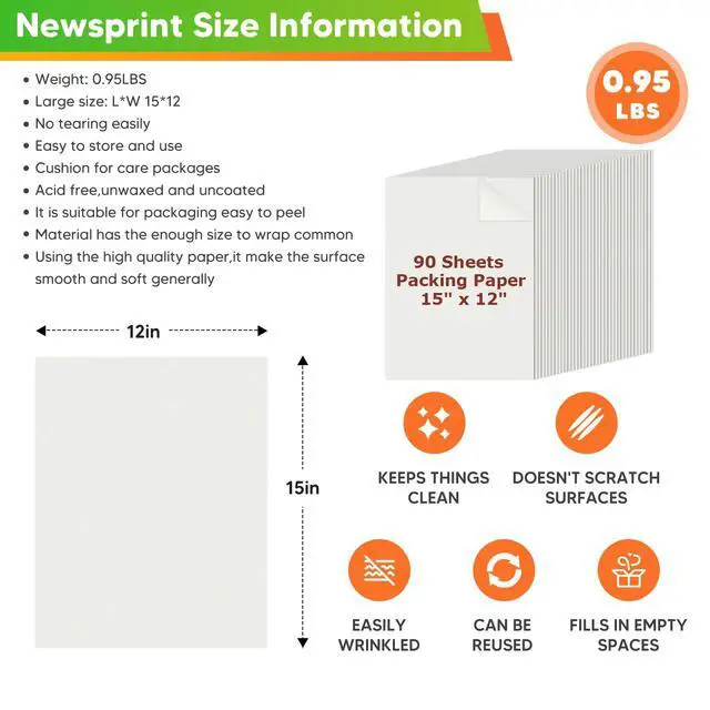 Alt view image 2 of 7 - 90 Sheets Newsprint Paper, 15"x12" Packing Paper Sheets for Moving Supplies