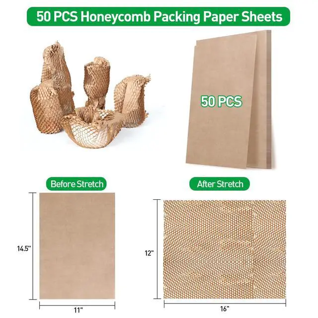 Alt view image 2 of 6 - 50 Sheets Honeycomb Packing Paper Expanded Size 12" × 16" Unexpanded Size 14.5" × 11" Bubble Cushioning Wrap for Moving Shipping Products Gifts Wrapping Essentials Packaging Materials Supplies
